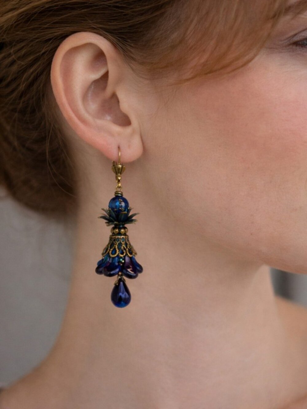 Blue Purple Hand Painted Lucite Flower Earrings, Crystal, Filigree Bronze Cap